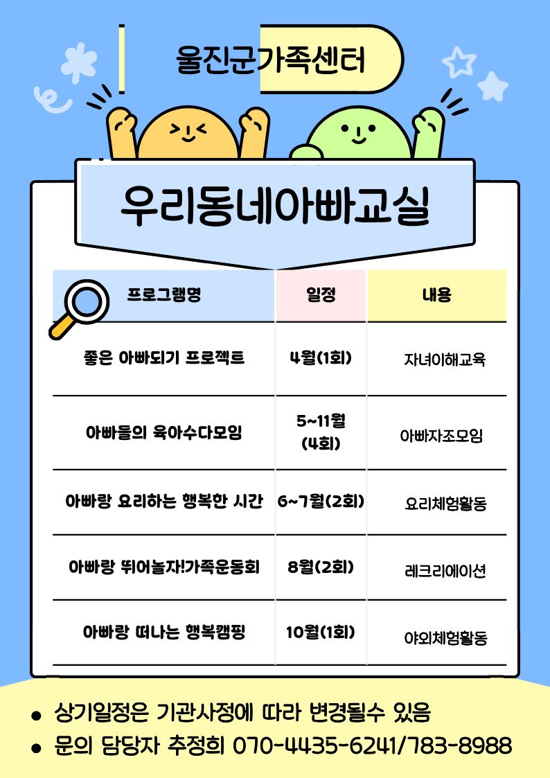 울진군가족센터 우리동네아빠교실 프로그램 안내/4월 교육대상자 모집