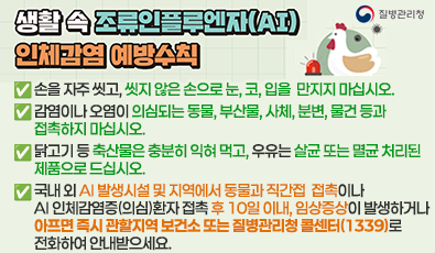 생활 속 조류인플루엔자(AI) 인체감염 예방수칙 
손을 자주 씻고, 씻지 않은 손으로 눈, 코, 입을  만지지 마십시오.
감염이나 오염이 의심되는 동물, 부산물, 사체, 분변, 물건 등과  접촉하지 마십시오.
닭고기 등 축산물은 충분히 익혀 먹고, 우유는 살균 또는 멸균 처리된  제품으로 드십시오.
국내 외 AI 발생시설 및 지역에서 동물과 직간접  접촉이나 AI 인체감염증(의심)환자 접촉 후 10일 이내, 임상증상이 발생하거나 아프면 즉시 관할지역 보건소 또는 질병관리청 콜센터(1339)로 전화하여 안내받으세요.